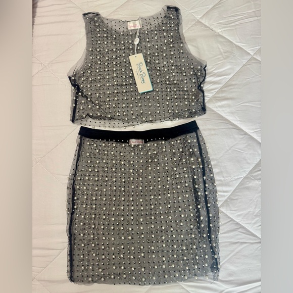 Beach Bunny Glitzy Girl Mesh Pearl Top & Skirt Set in Black - Picture 2 of 5